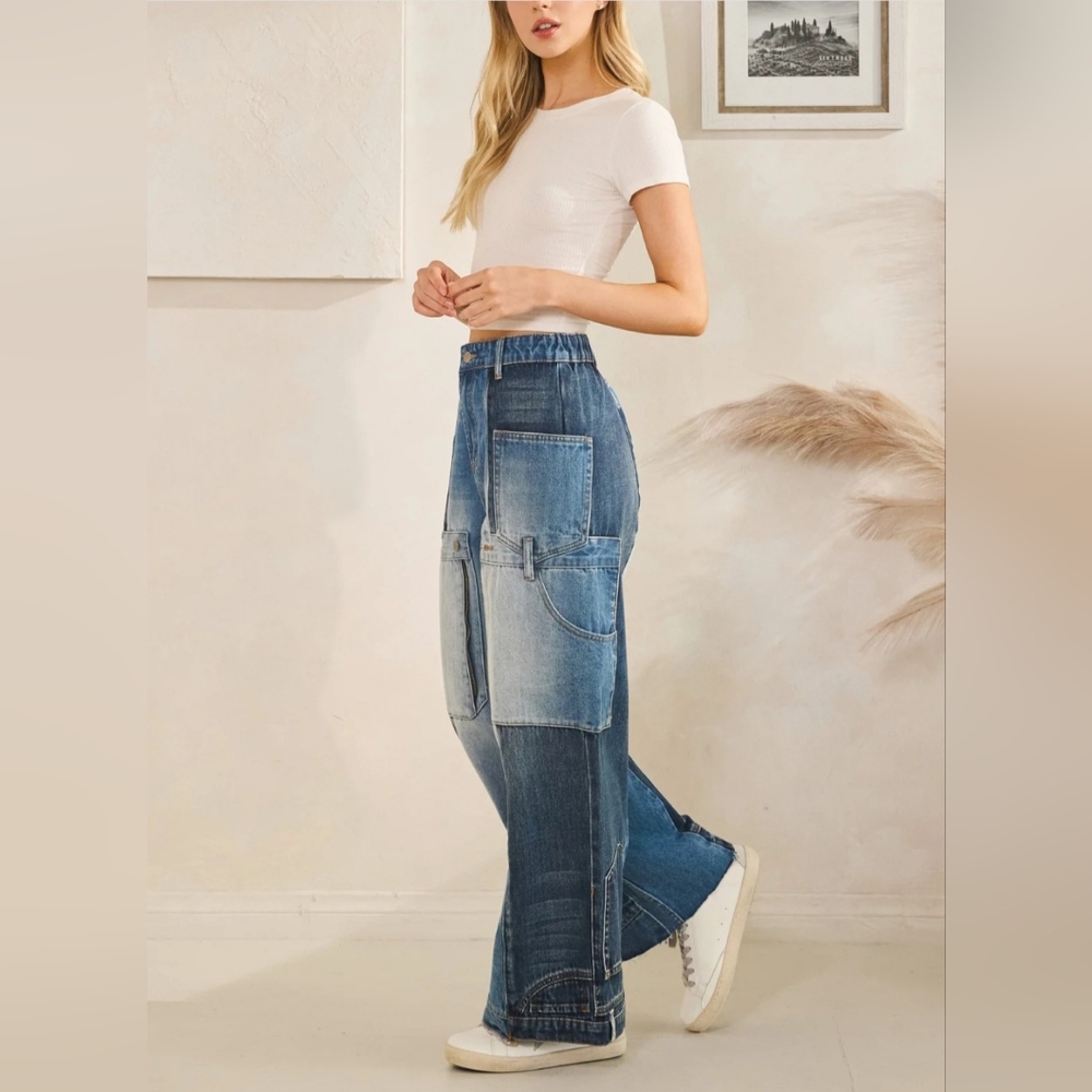 Oli & Hali Upside-Down Wide-Leg Jeans in Light & Dark Blue size Large - Picture 7 of 12